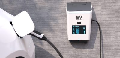 EV Charging Station, Clean energy filling technology, Electric car charging. 3D illustration